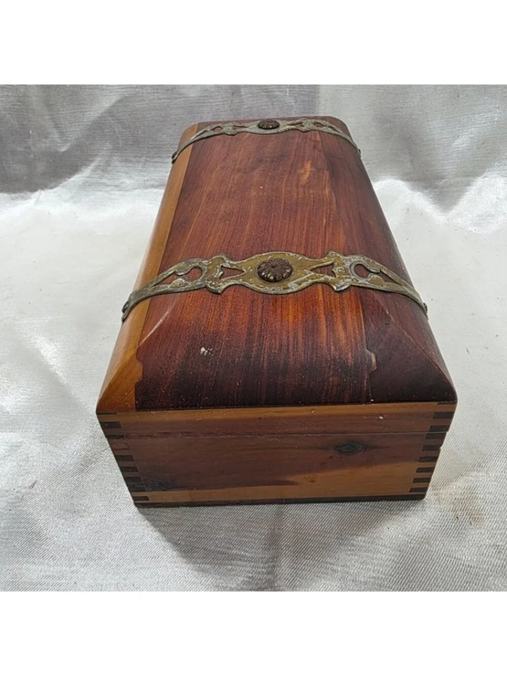 Vintage Cedar Jewelry Trinket Box Ornate Brass Hardware